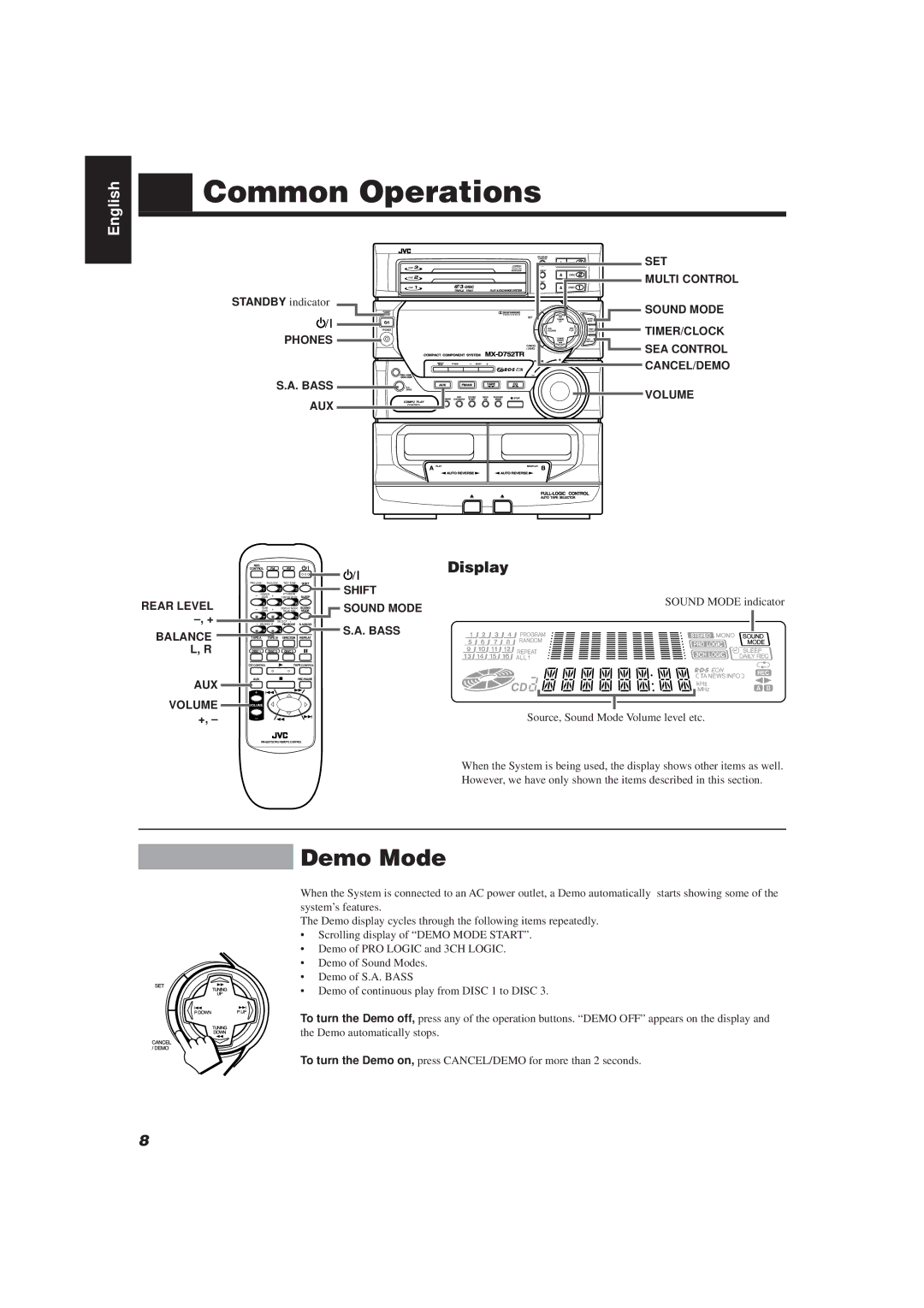 JVC CA-D752TR manual Common Operations, Demo Mode, Display 