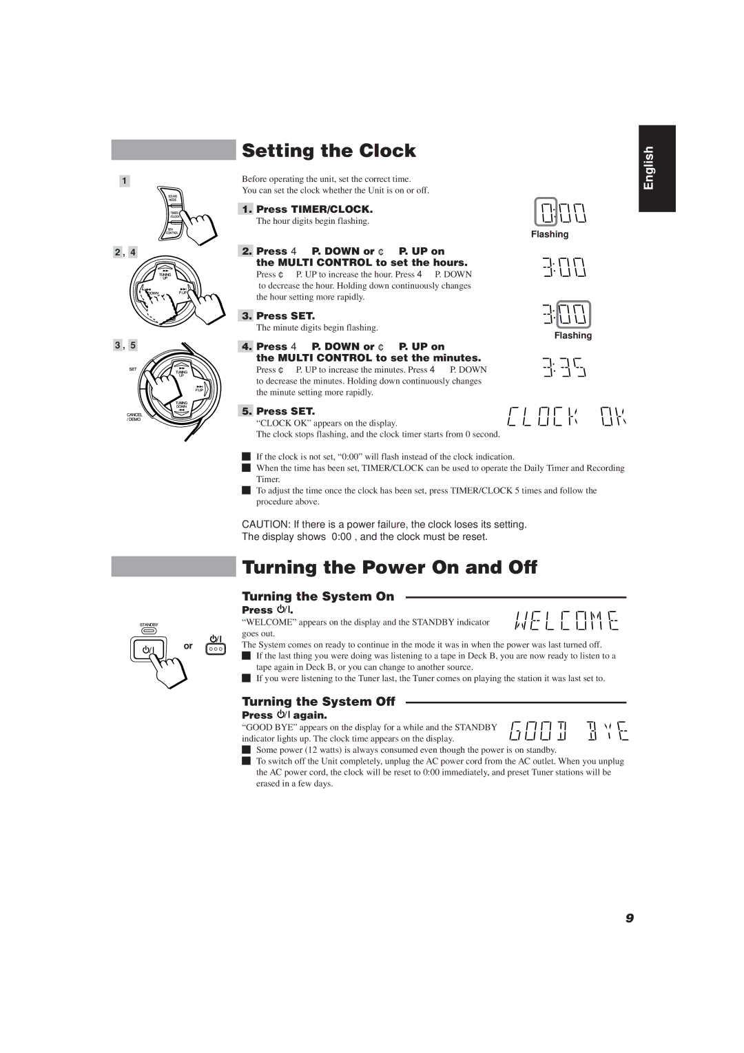 JVC CA-D752TR manual Setting the Clock, Turning the Power On and Off, Turning the System On, Turning the System Off 