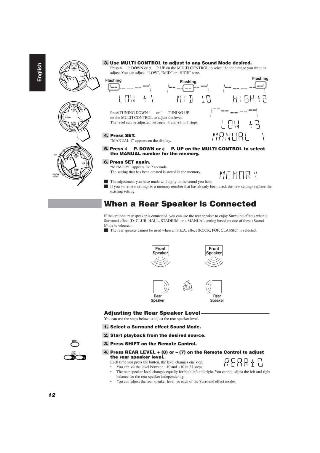 JVC CA-D752TR manual When a Rear Speaker is Connected, Adjusting the Rear Speaker Level, Front 