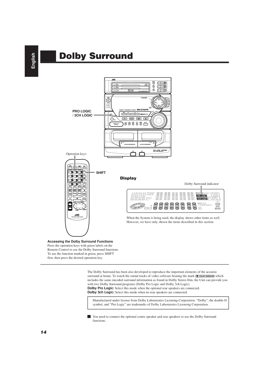 JVC CA-D752TR manual 3CH Logic, Accessing the Dolby Surround Functions 