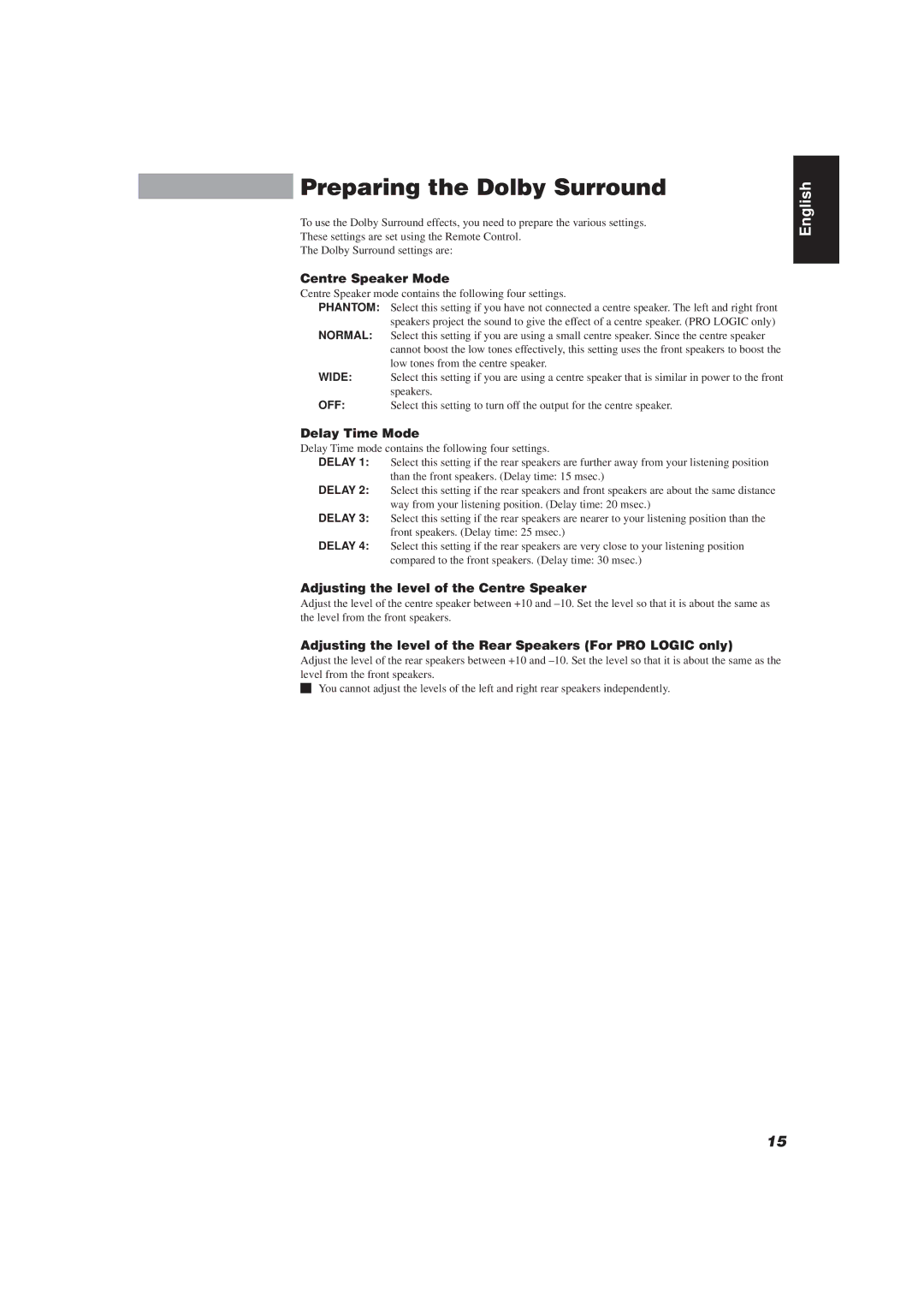 JVC CA-D752TR manual Preparing the Dolby Surround, Centre Speaker Mode, Delay Time Mode 