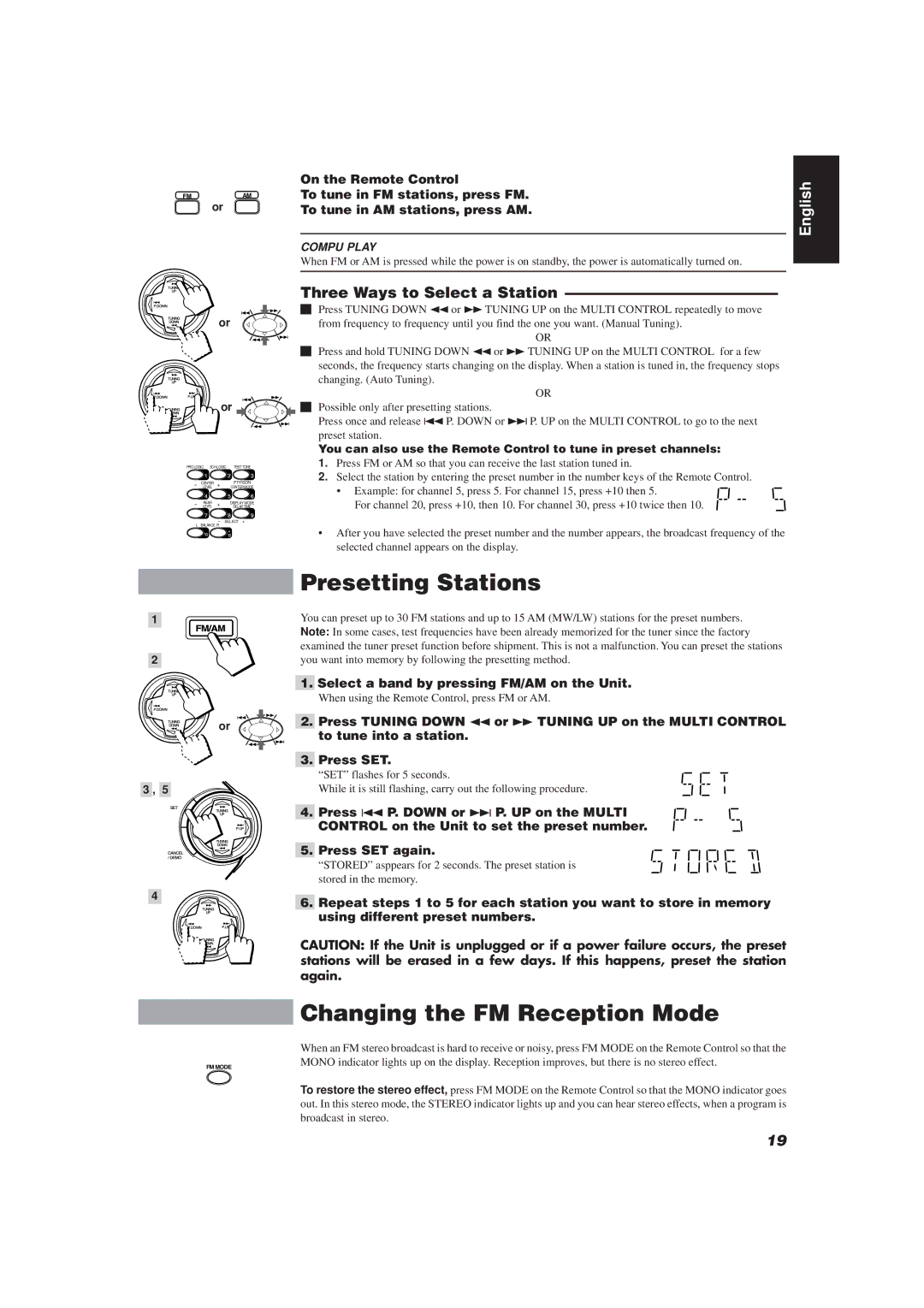 JVC CA-D752TR manual Presetting Stations, Changing the FM Reception Mode, Three Ways to Select a Station 