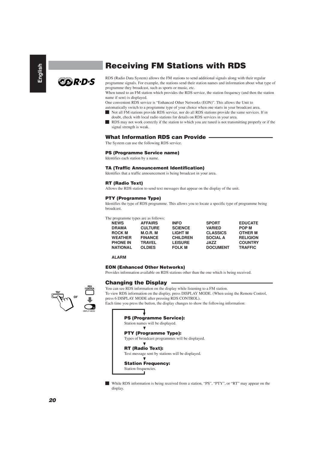 JVC CA-D752TR manual Receiving FM Stations with RDS, What Information RDS can Provide, Changing the Display 