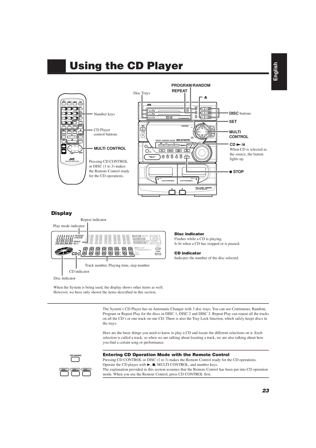 JVC CA-D752TR manual Using the CD Player, Entering CD Operation Mode with the Remote Control, CD £/8, Disc indicator 