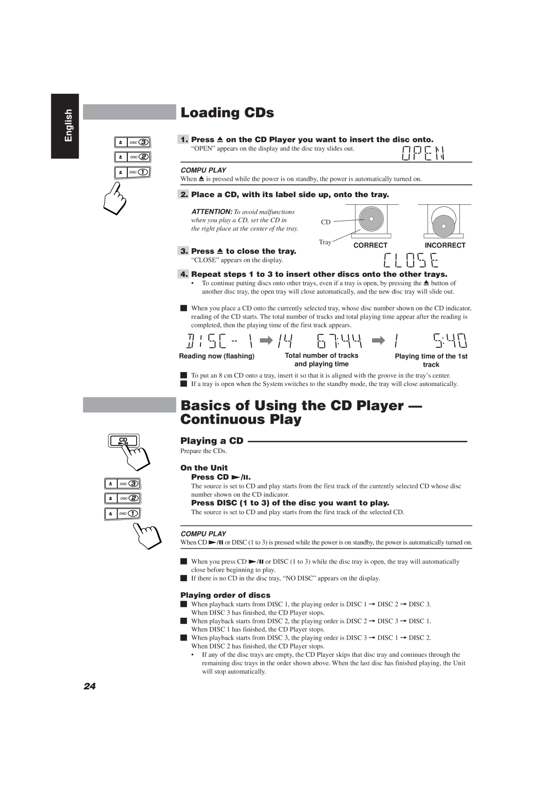 JVC CA-D752TR manual Loading CDs, Basics of Using the CD Player Continuous Play, Playing a CD 