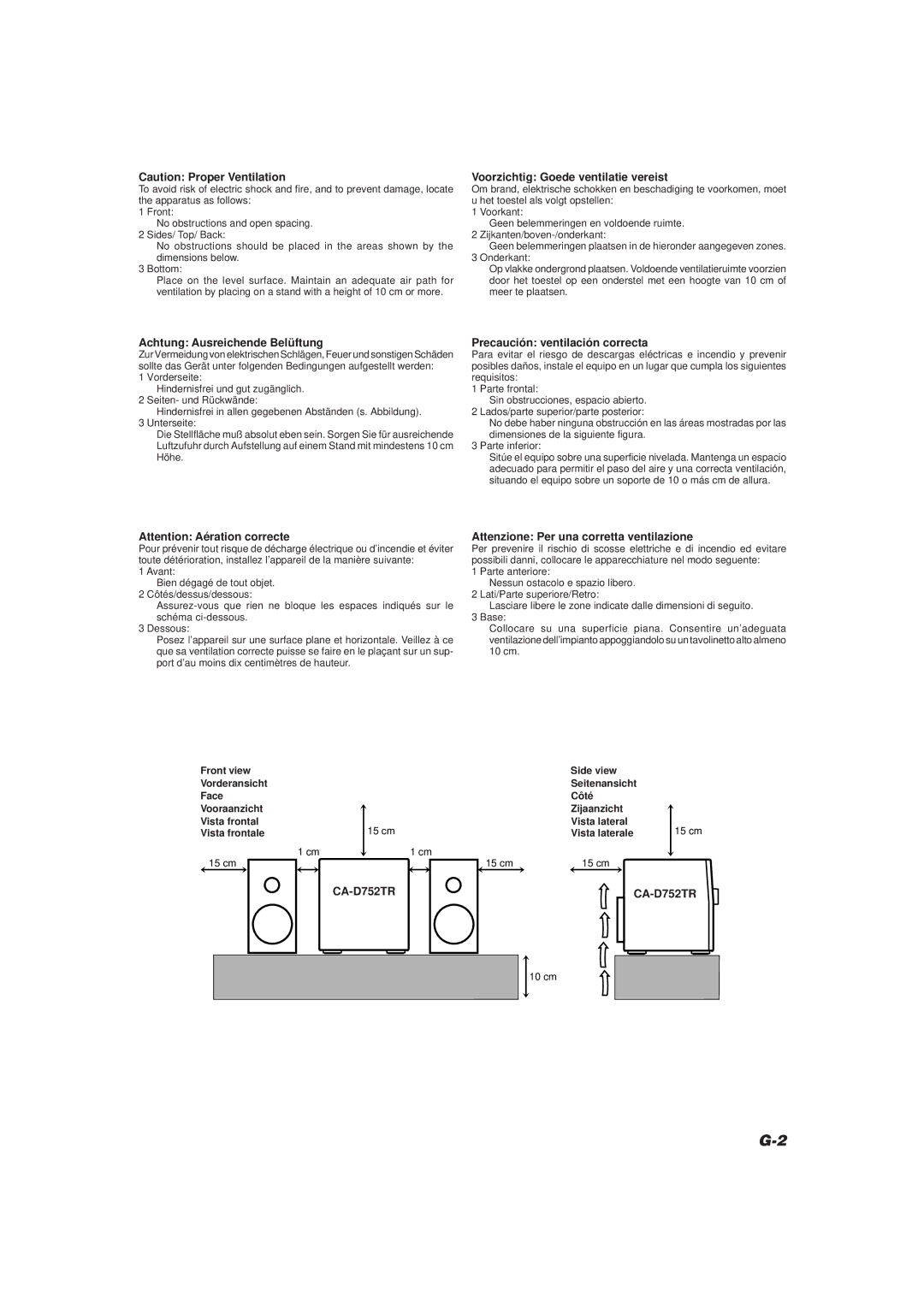 JVC CA-D752TR manual Voorzichtig Goede ventilatie vereist, Achtung Ausreichende Belüftung, Precaución ventilación correcta 