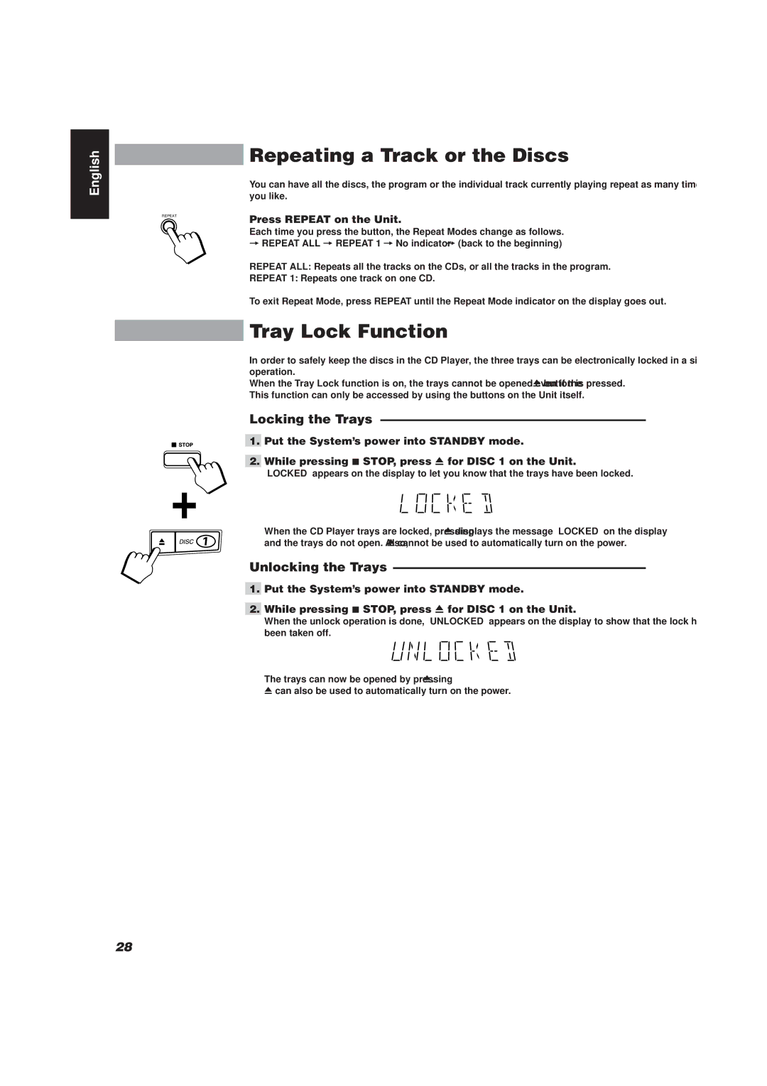 JVC CA-D752TR manual Repeating a Track or the Discs, Tray Lock Function, Locking the Trays, Unlocking the Trays 