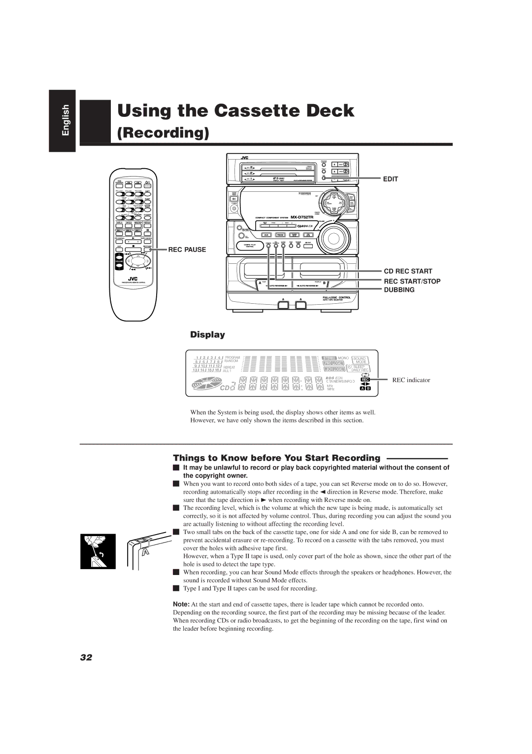 JVC CA-D752TR manual Things to Know before You Start Recording 