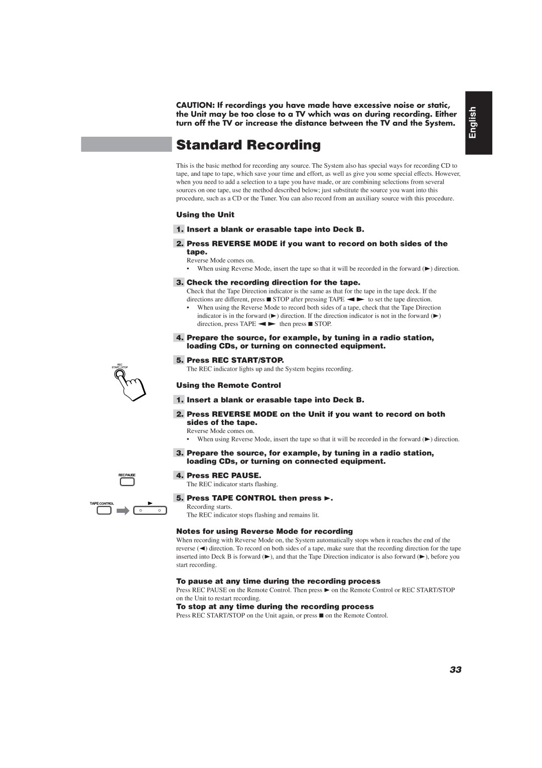 JVC CA-D752TR manual Standard Recording, Check the recording direction for the tape, Press Tape Control then press 