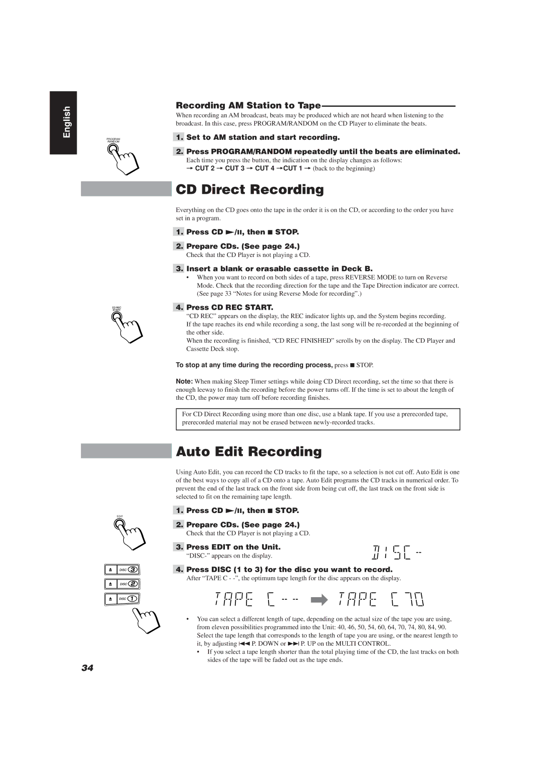 JVC CA-D752TR manual CD Direct Recording, Auto Edit Recording, Recording AM Station to Tape 