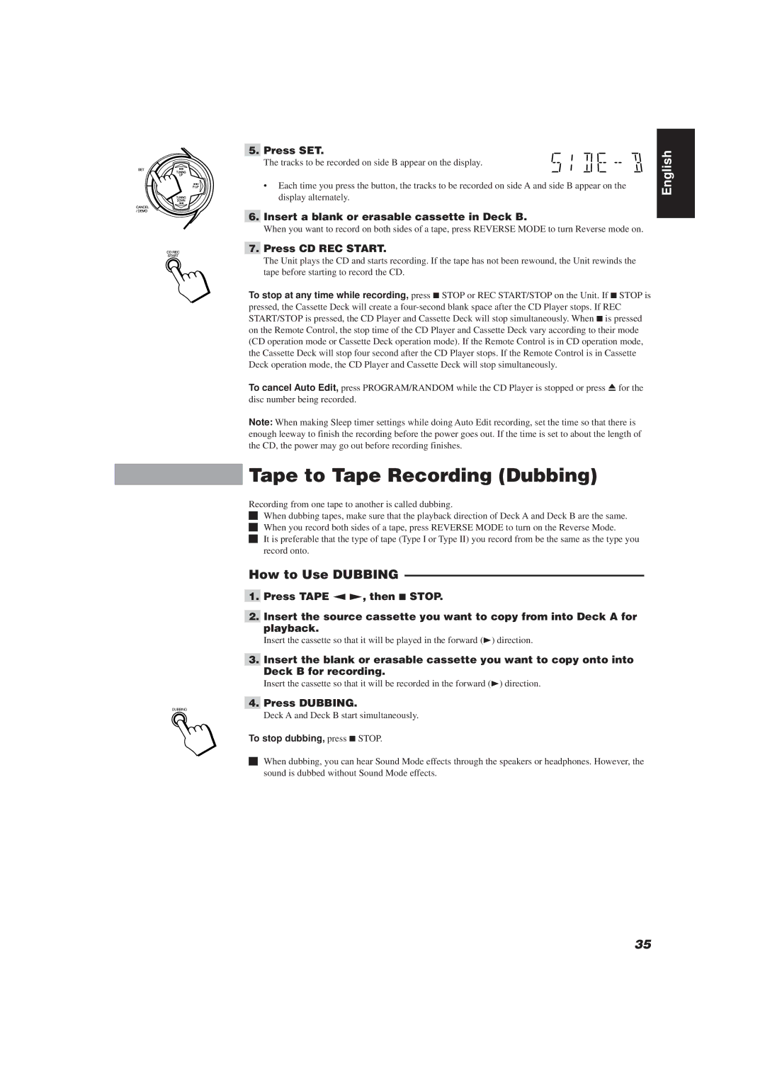 JVC CA-D752TR manual Tape to Tape Recording Dubbing, How to Use Dubbing, Press Dubbing, To stop dubbing, press 7STOP 