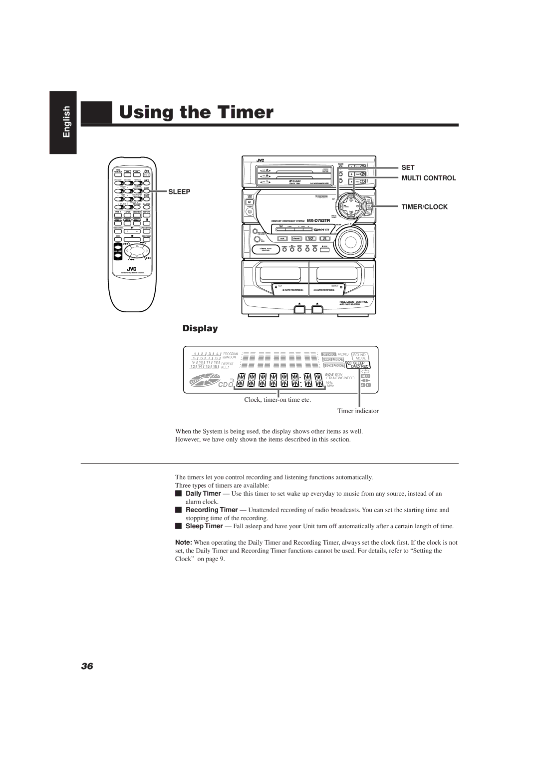 JVC CA-D752TR manual Using the Timer, Timer/Clock 