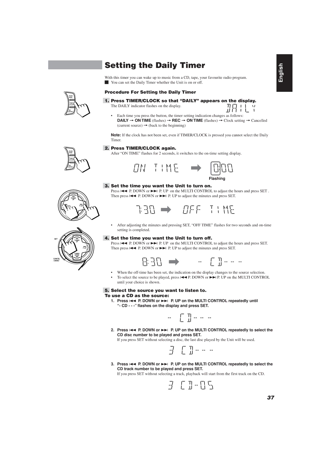 JVC CA-D752TR manual Setting the Daily Timer, Press TIMER/CLOCK again, Set the time you want the Unit to turn on 