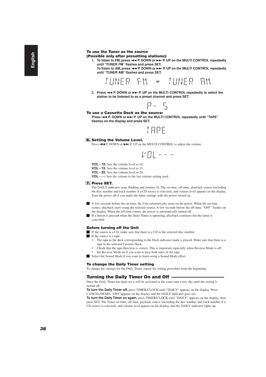 JVC CA-D752TR manual Turning the Daily Timer On and Off, To use a Cassette Deck as the source, Setting the Volume Level 