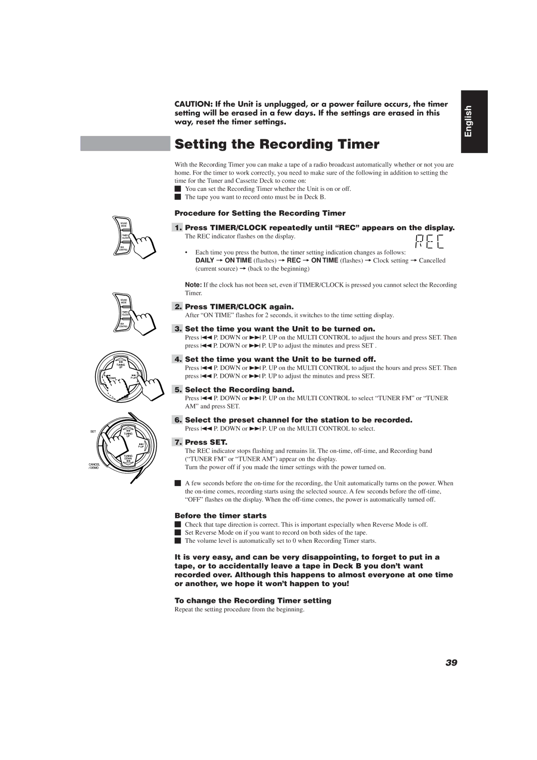 JVC CA-D752TR manual Setting the Recording Timer 