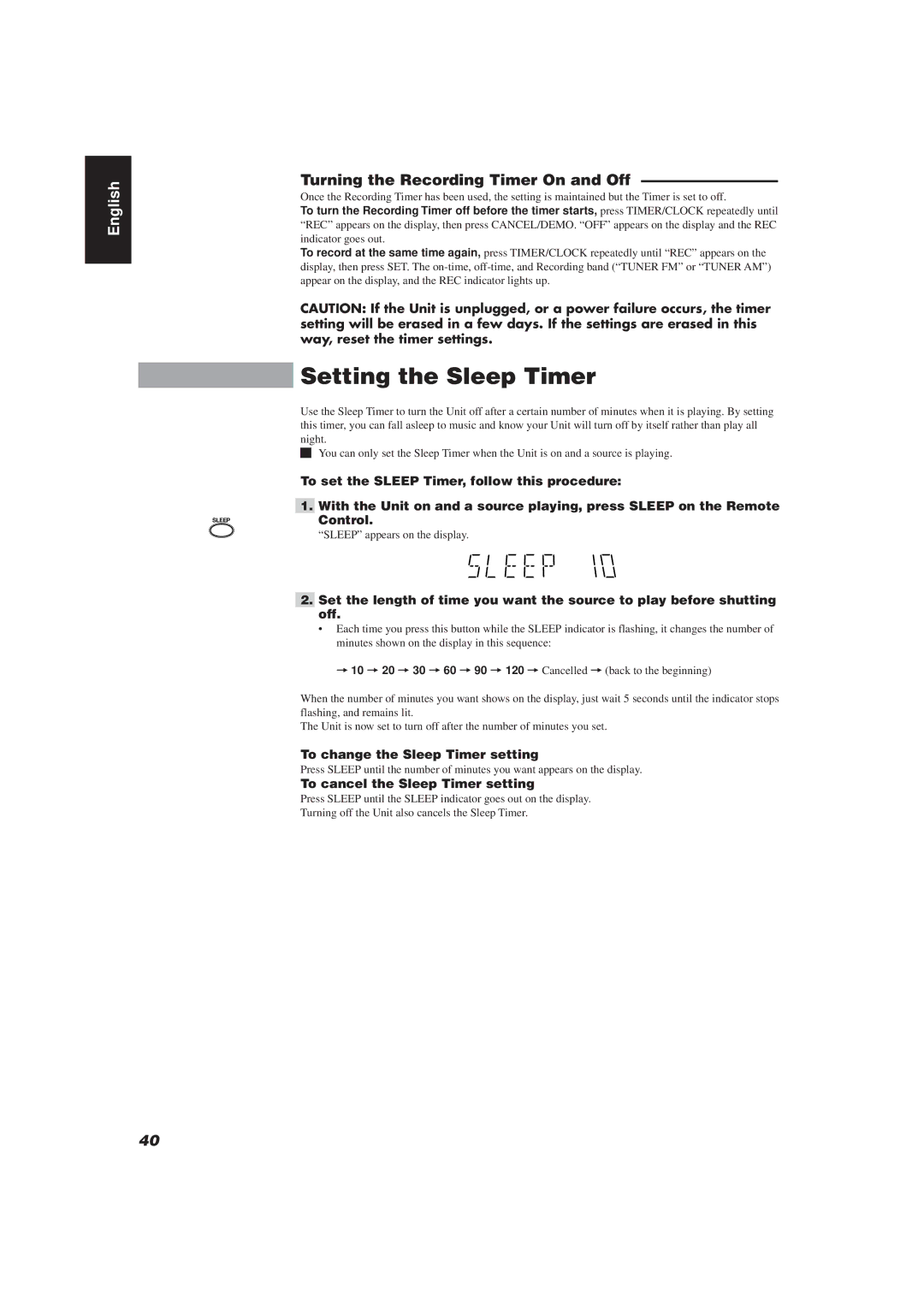 JVC CA-D752TR manual Setting the Sleep Timer, Turning the Recording Timer On and Off, To change the Sleep Timer setting 