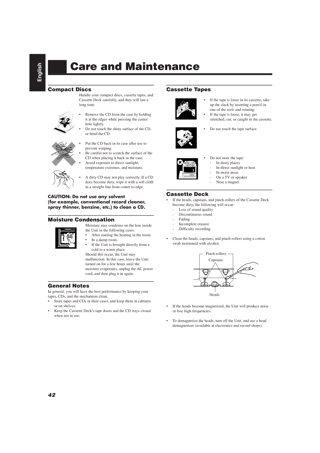 JVC CA-D752TR Care and Maintenance, Compact Discs Cassette Tapes, Moisture Condensation, Cassette Deck, General Notes 