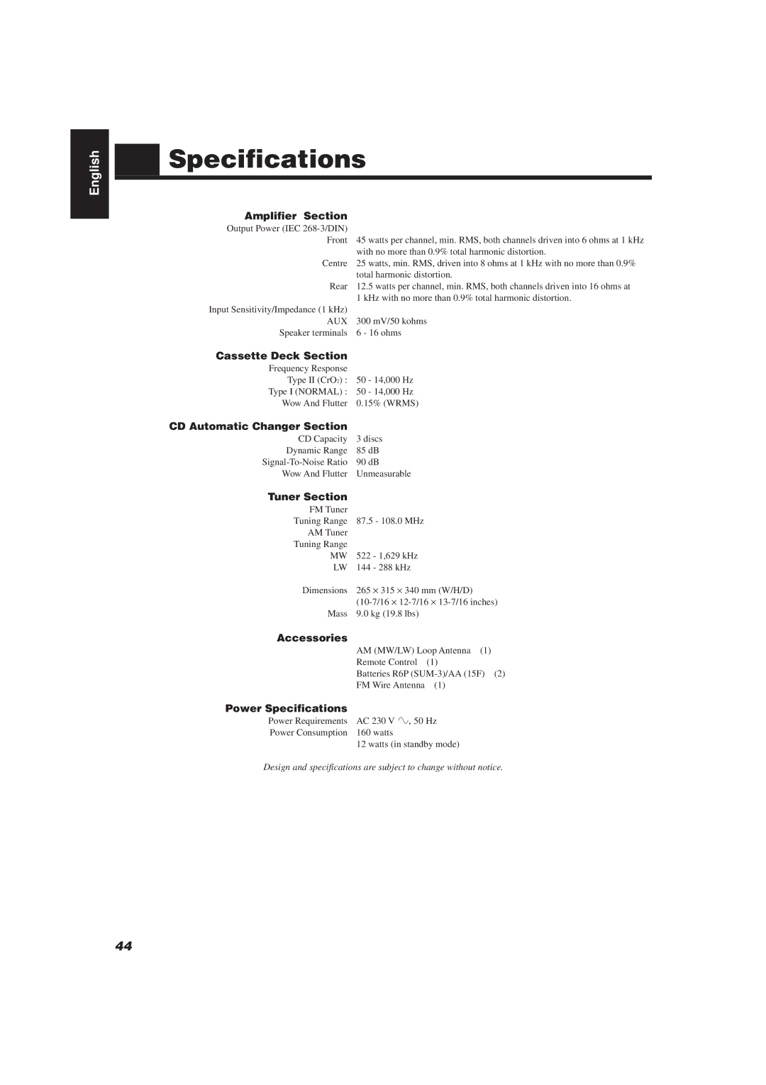 JVC CA-D752TR manual Specifications 