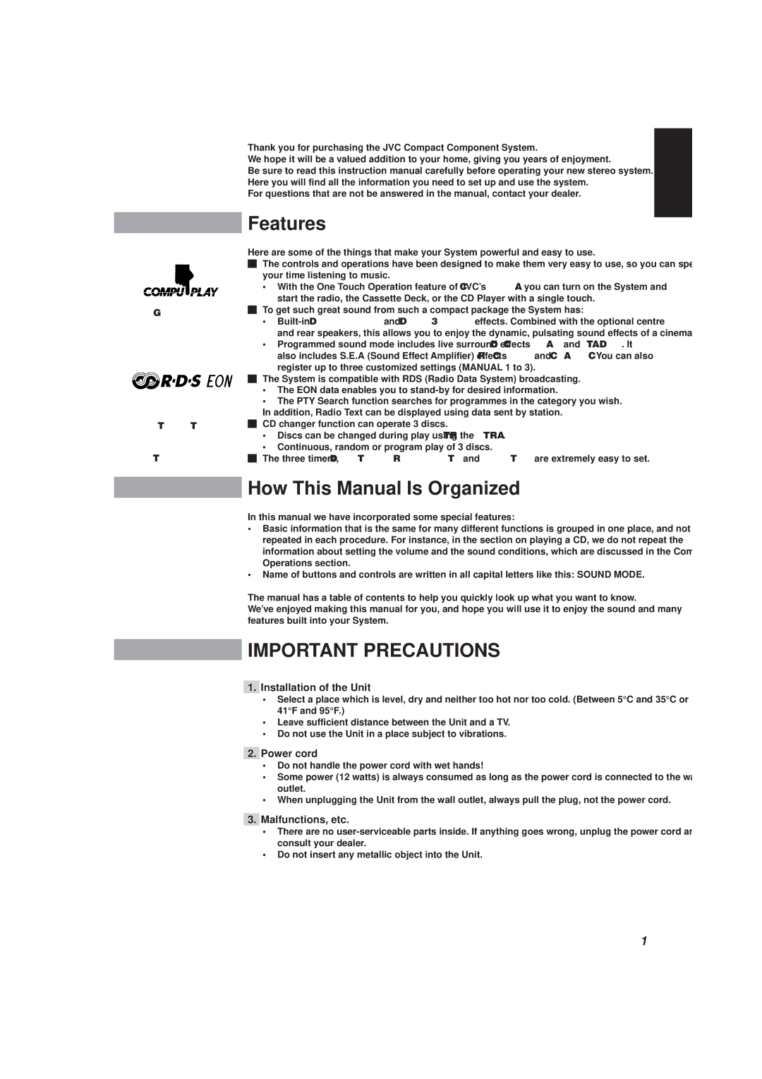 JVC CA-D752TR manual Features, How This Manual Is Organized, Installation of the Unit, Power cord, Malfunctions, etc 