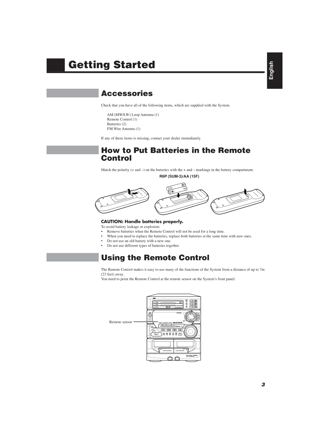 JVC CA-D752TR manual Getting Started, Accessories, How to Put Batteries in the Remote Control, Using the Remote Control 