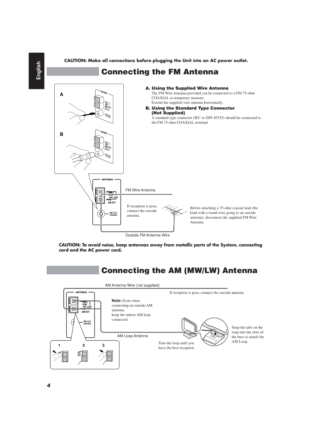 JVC CA-D752TR manual Connecting the FM Antenna, Connecting the AM MW/LW Antenna, Using the Supplied Wire Antenna 