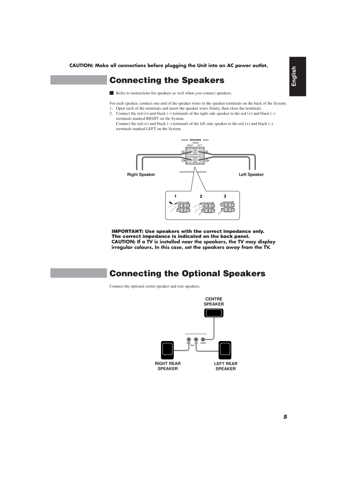 JVC CA-D752TR manual Connecting the Speakers, Connecting the Optional Speakers, Right Speaker 