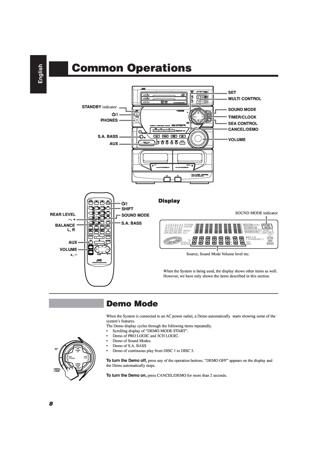 JVC CA-D752TR manual Common Operations, Demo Mode, Display, English 