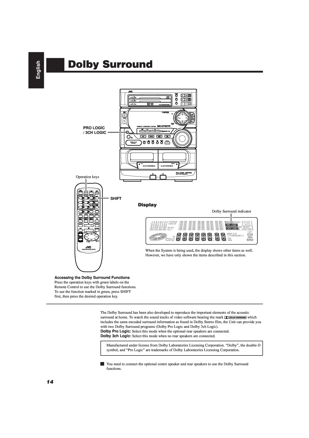 JVC CA-D752TR manual Dolby Surround, English, Display 