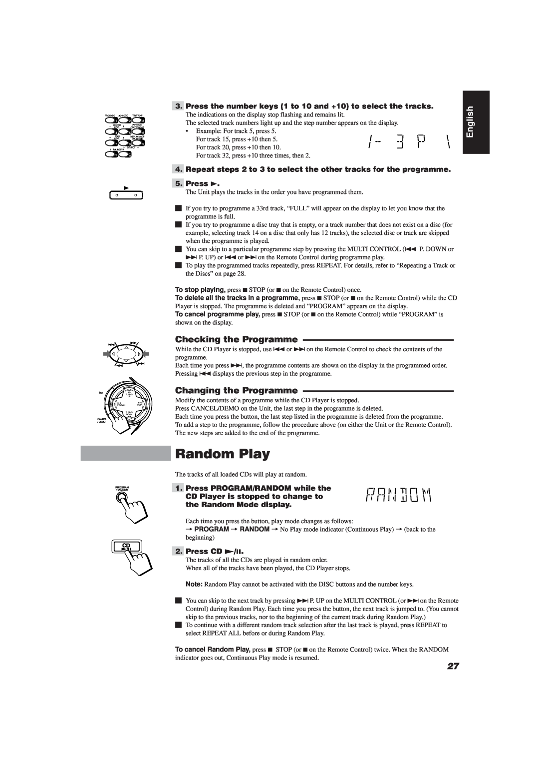JVC CA-D752TR manual Random Play, Checking the Programme, Changing the Programme, English, Press CD £/8 