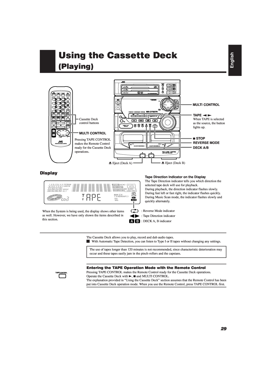 JVC CA-D752TR Using the Cassette Deck, Playing, English, Display, Multi Control, Tape Control, PRO LOGIC 3CH LOGIC, Rear 