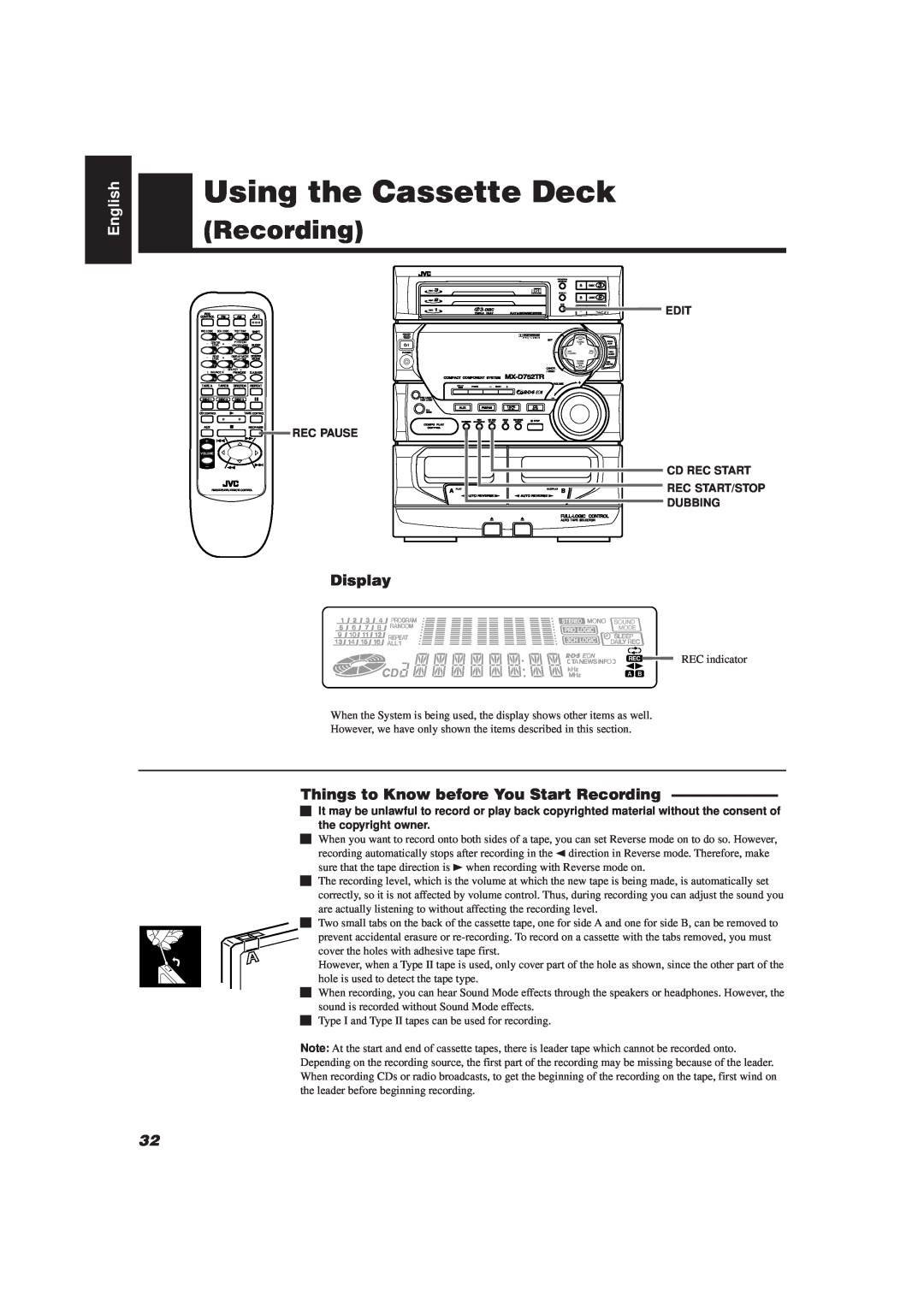 JVC CA-D752TR manual Things to Know before You Start Recording, Using the Cassette Deck, English, Display 