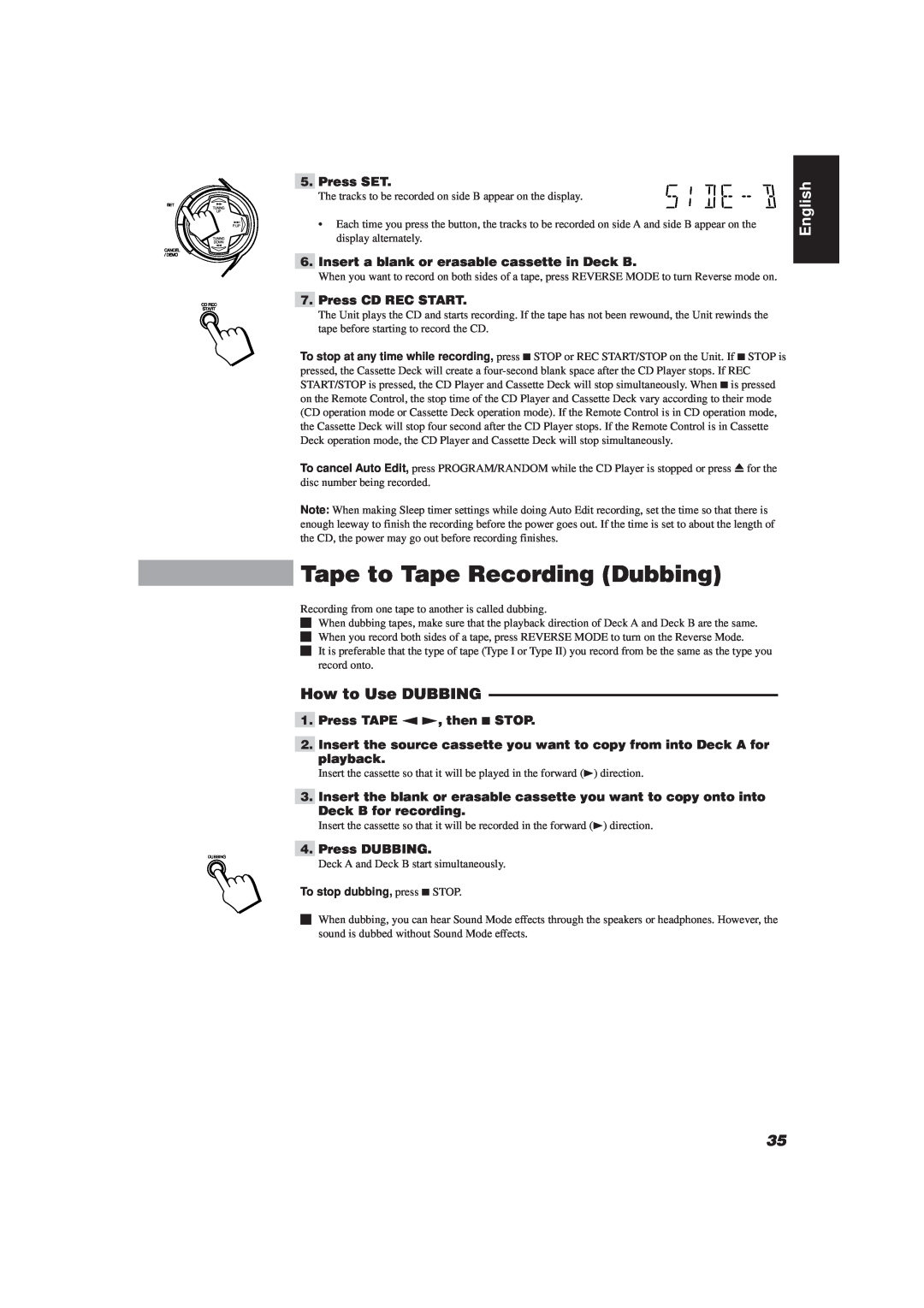 JVC CA-D752TR Tape to Tape Recording Dubbing, How to Use DUBBING, English, Press SET, Press CD REC START, Press DUBBING 
