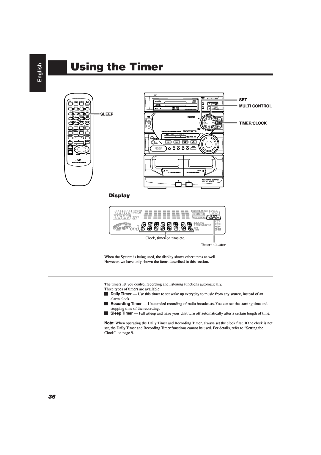 JVC CA-D752TR manual Using the Timer, English, Display, Multi Control, Sleep, Timer/Clock 