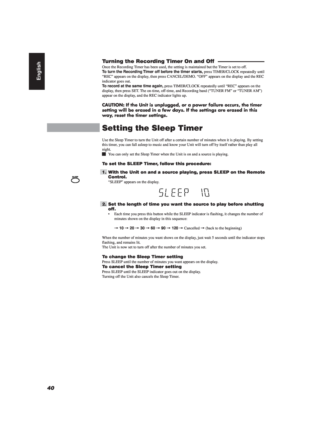 JVC CA-D752TR Setting the Sleep Timer, Turning the Recording Timer On and Off, English, To change the Sleep Timer setting 
