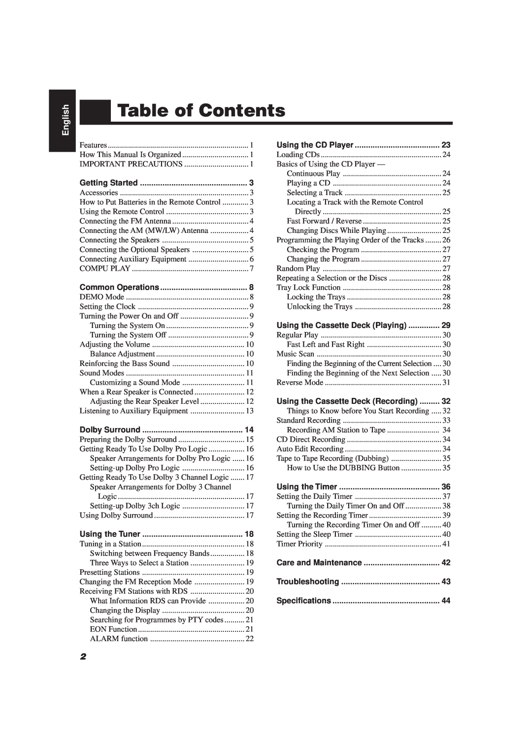 JVC CA-D752TR manual Table of Contents, English 