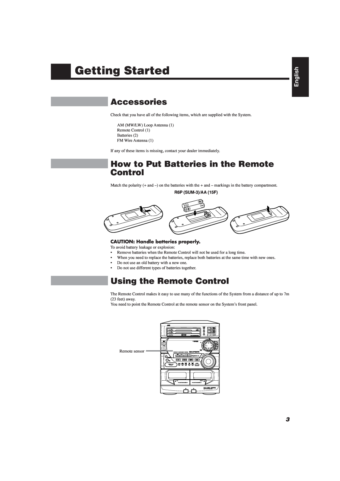 JVC CA-D752TR Getting Started, Accessories, How to Put Batteries in the Remote Control, Using the Remote Control, English 