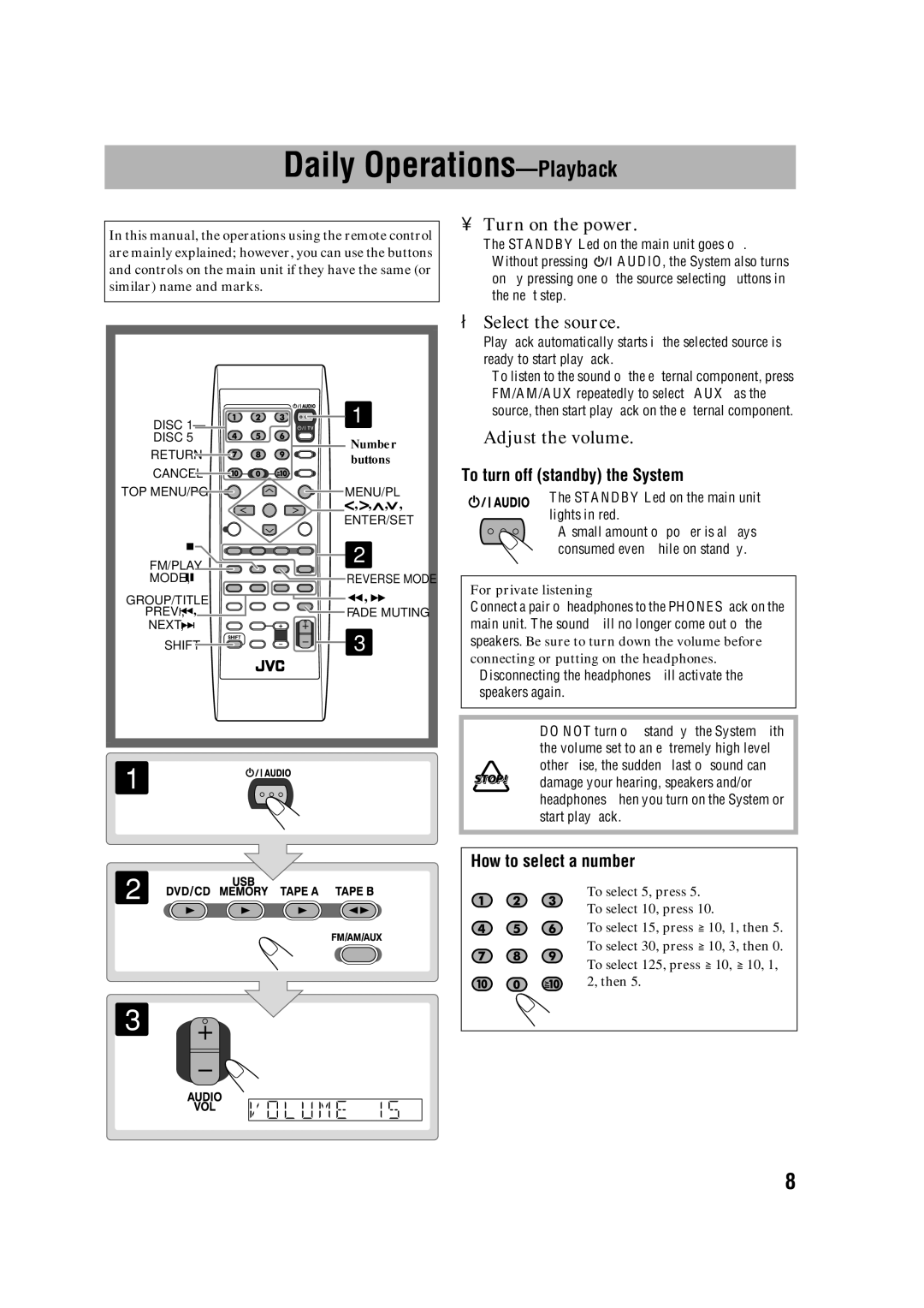 JVC CA-DXJ35 Daily Operations-Playback, To turn off standby the System, How to select a number, For private listening 