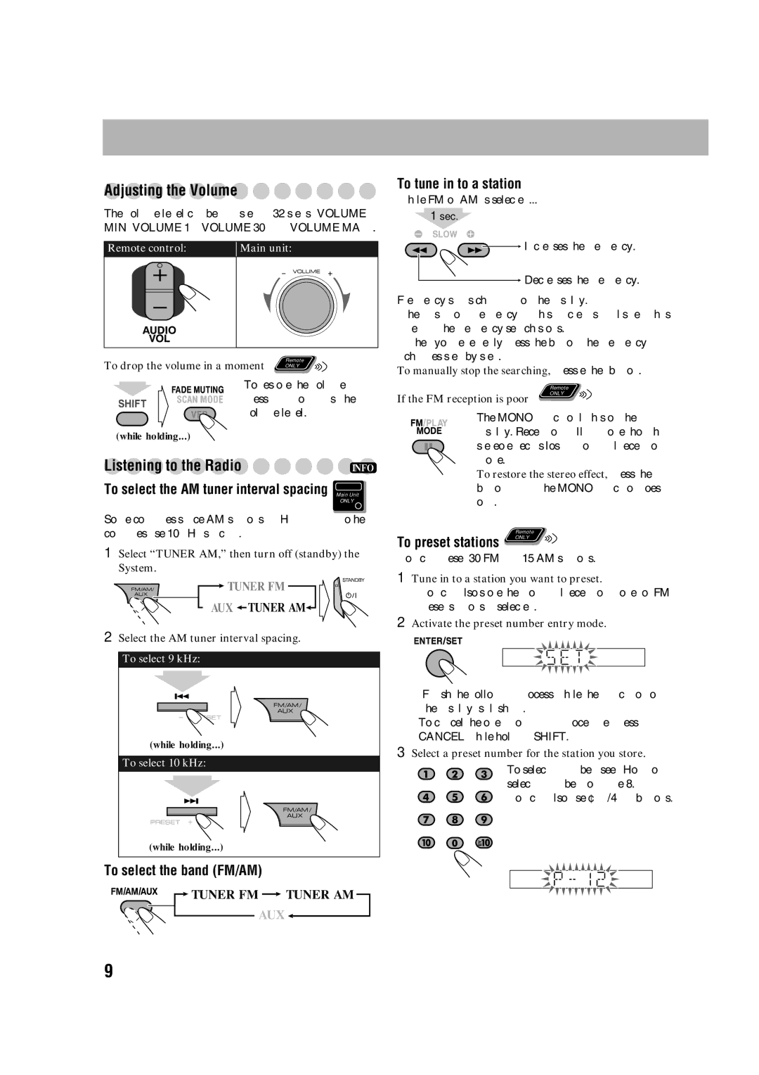 JVC CA-DXJ35 manual Adjusting the Volume, To tune in to a station, To select the AM tuner interval spacing 