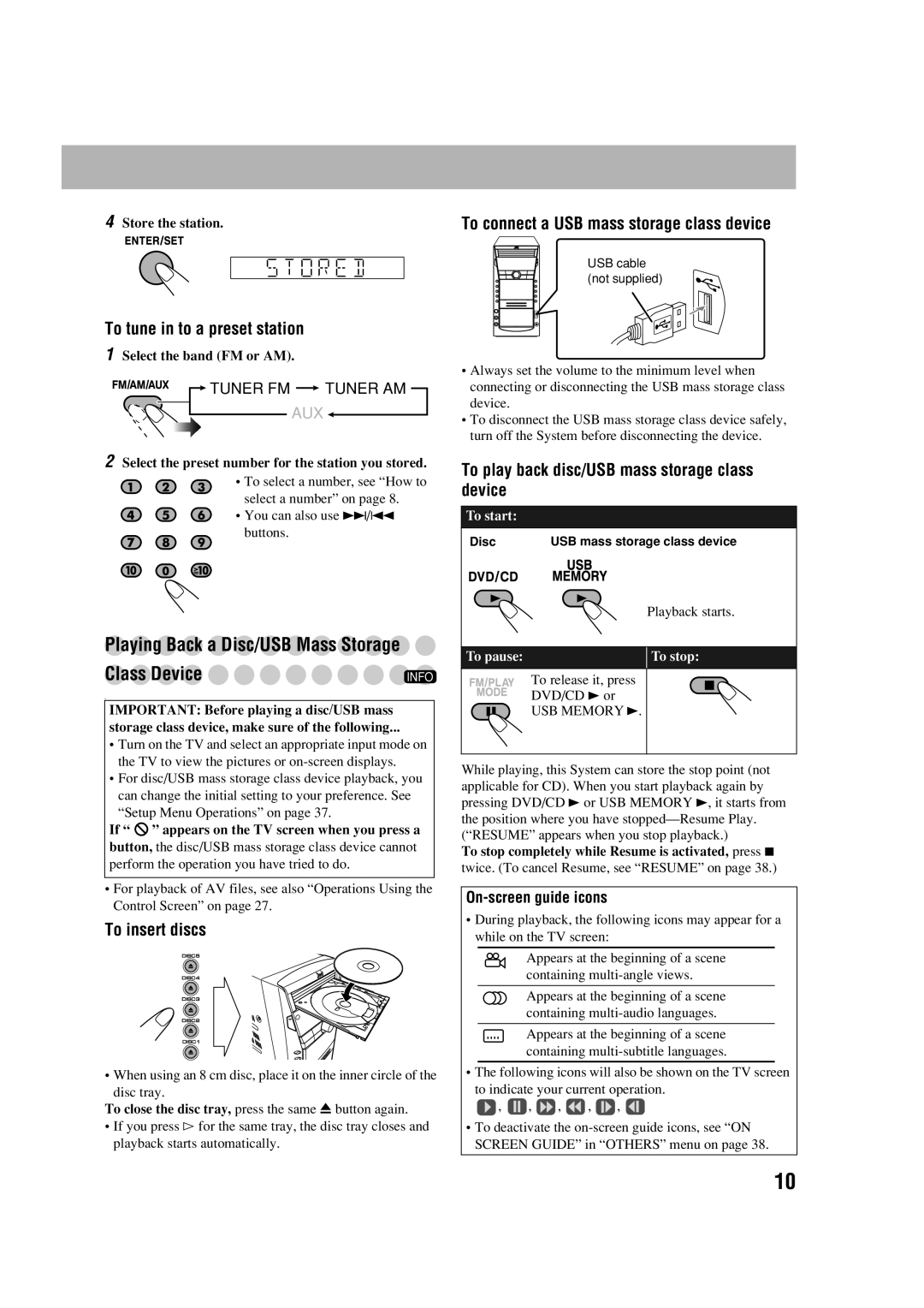 JVC CA-DXJ35 manual Playing Back a Disc/USB Mass Storage, To tune in to a preset station, To insert discs 