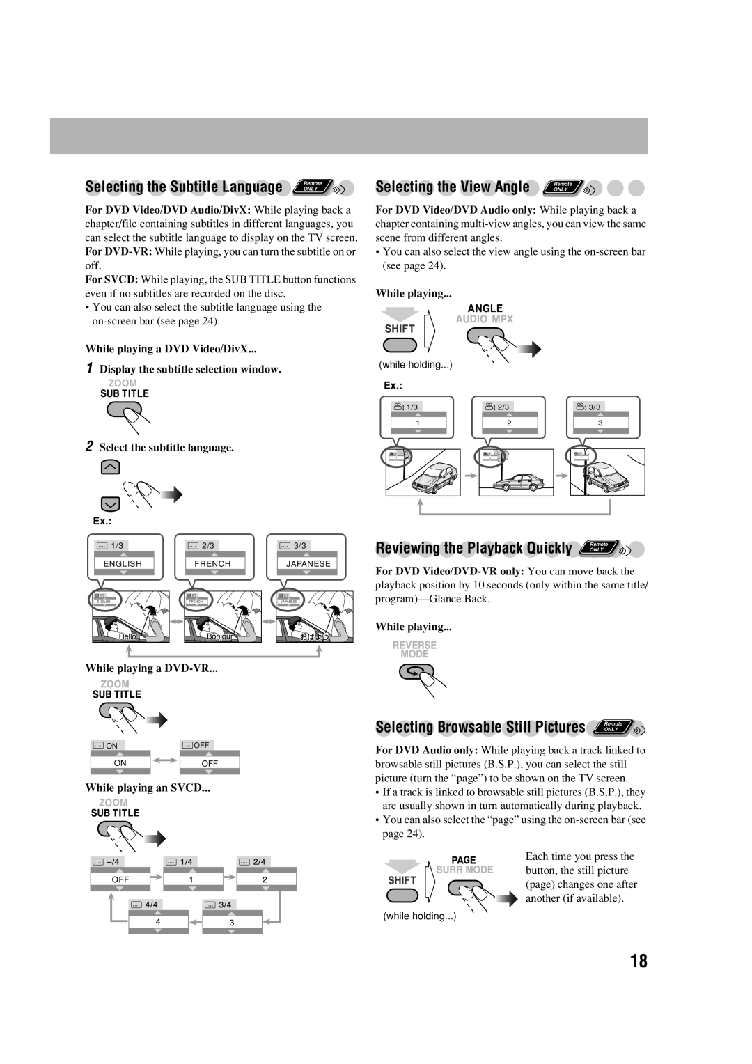JVC CA-DXJ35 manual Selecting Browsable Still Pictures Remote, While playing a DVD-VR, While playing an Svcd 