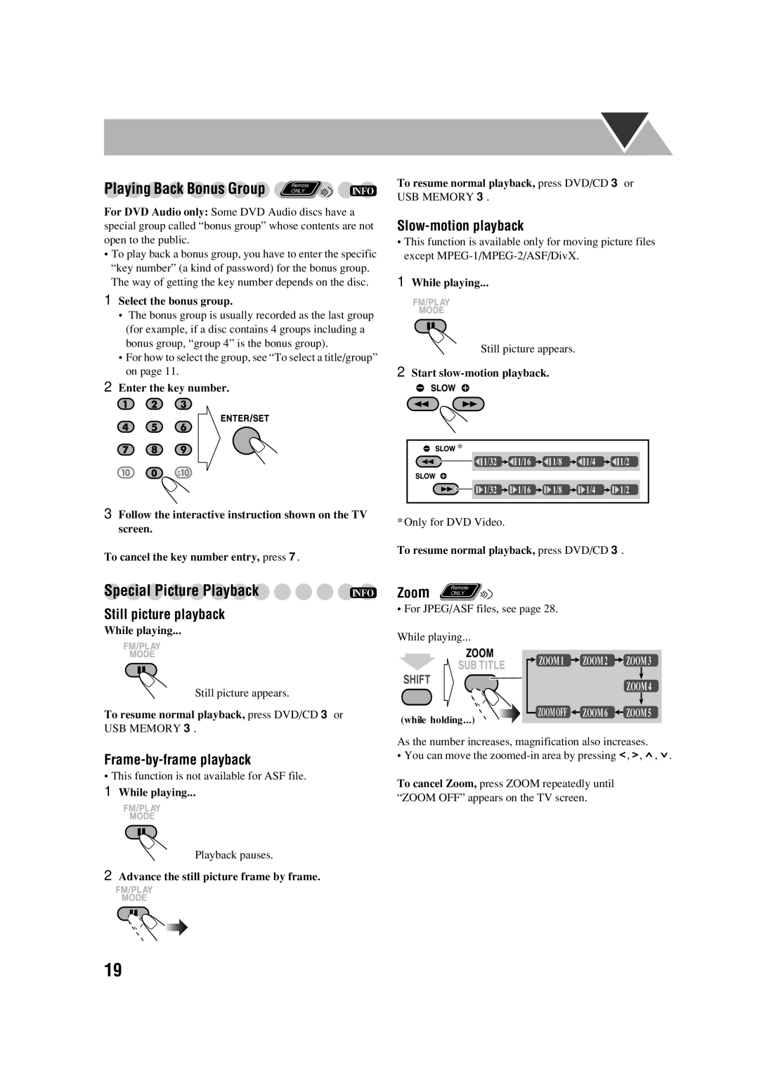 JVC CA-DXJ35 manual Still picture playback, Slow-motion playback, Frame-by-frame playback 