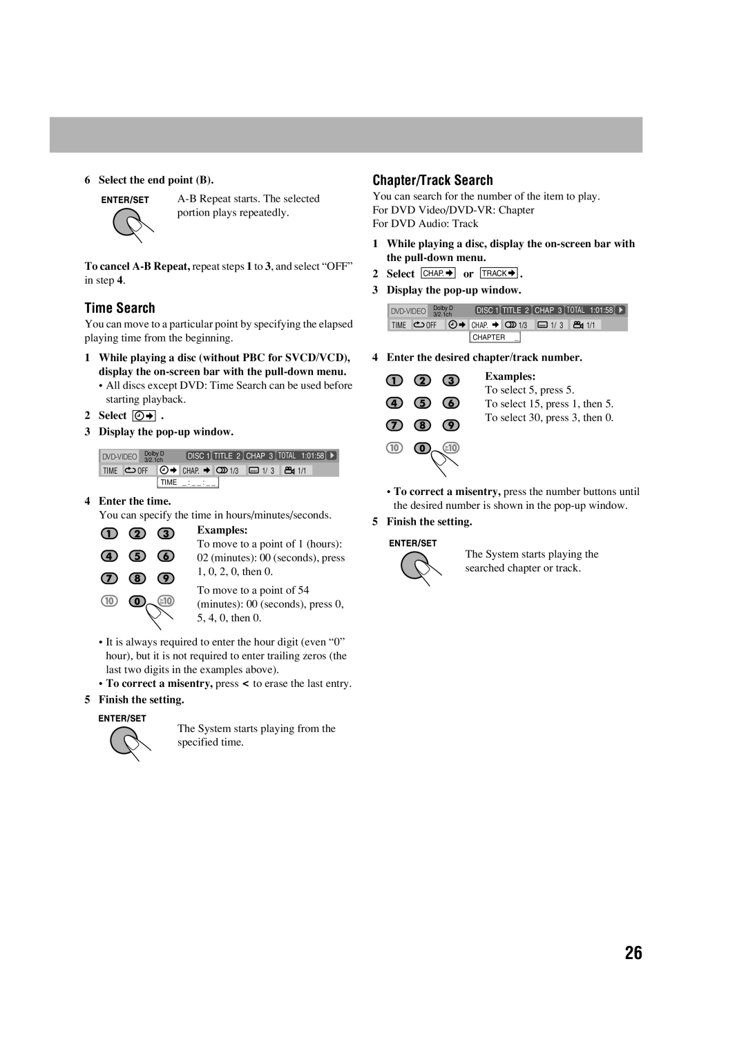 JVC CA-DXJ35 manual Time Search, Chapter/Track Search, Enter the time, Enter the desired chapter/track number Examples 