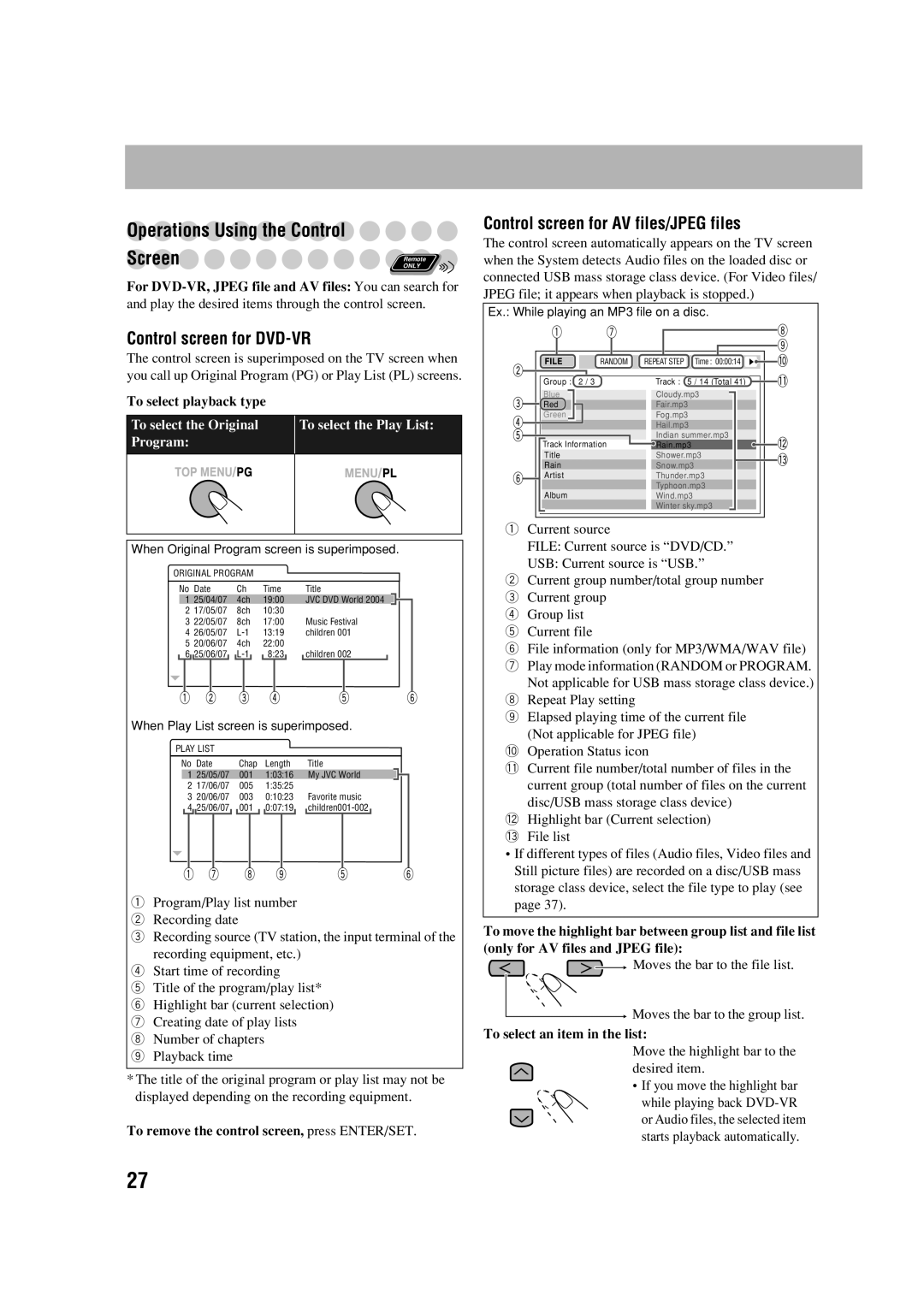 JVC CA-DXJ35 manual Operations Using the Control, Control screen for DVD-VR, Control screen for AV files/JPEG files 