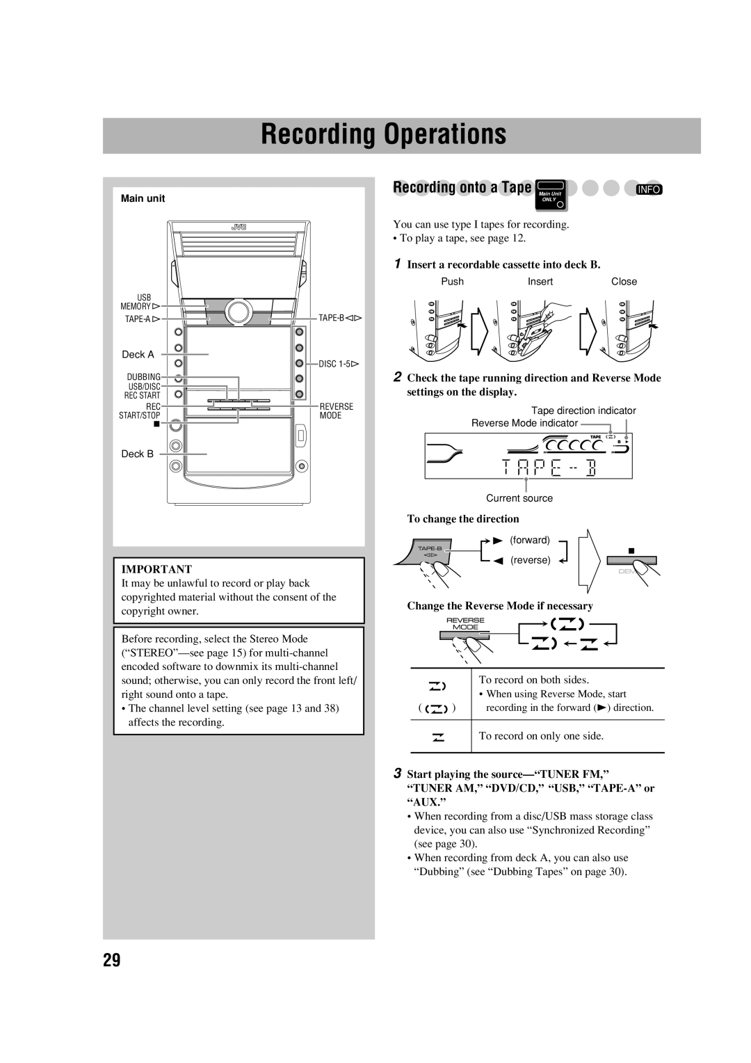 JVC CA-DXJ35 manual Recording Operations, Insert a recordable cassette into deck B, To change the direction 