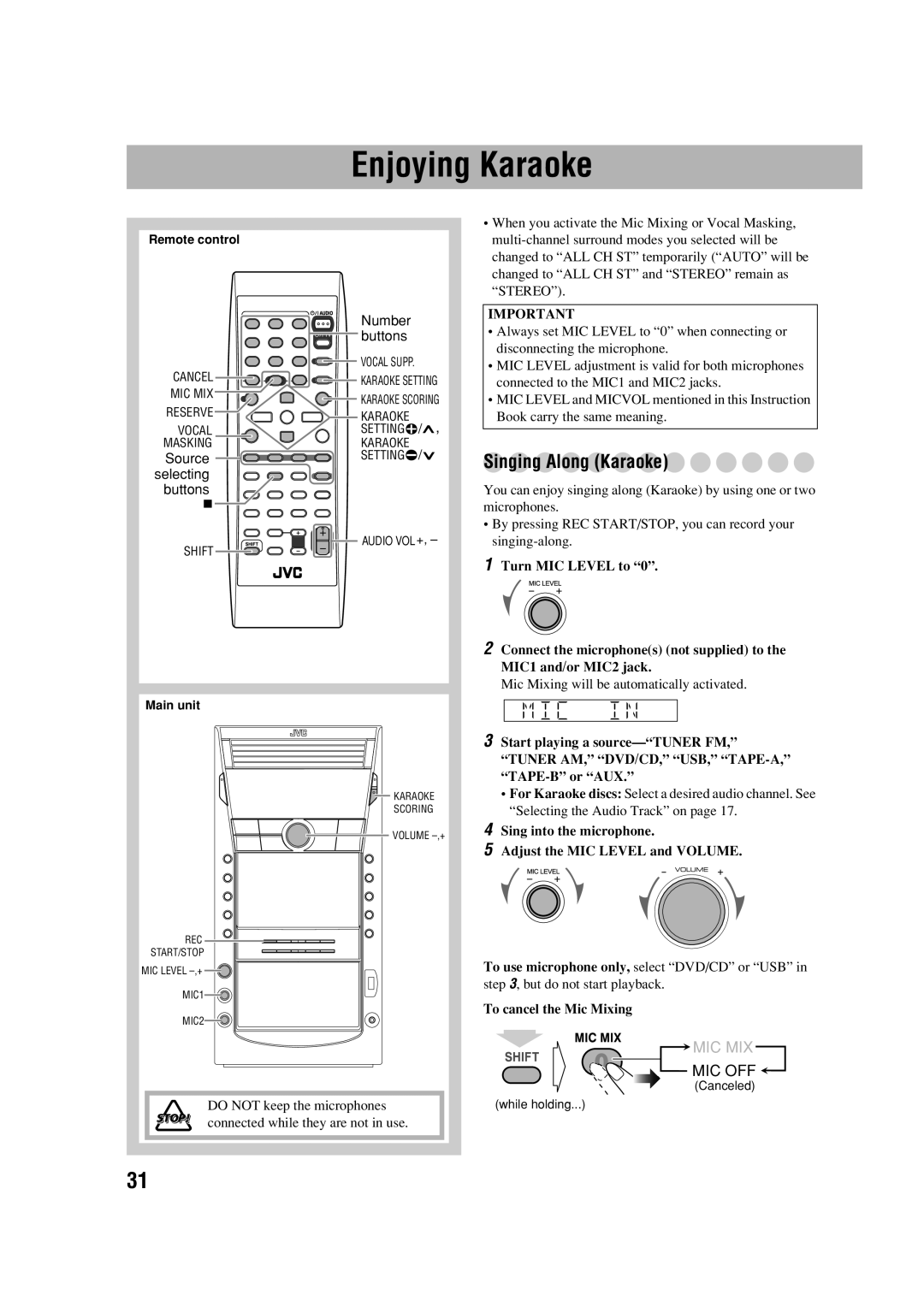 JVC CA-DXJ35 manual Enjoying Karaoke, Singing Along Karaoke, Sing into the microphone Adjust the MIC Level and Volume 