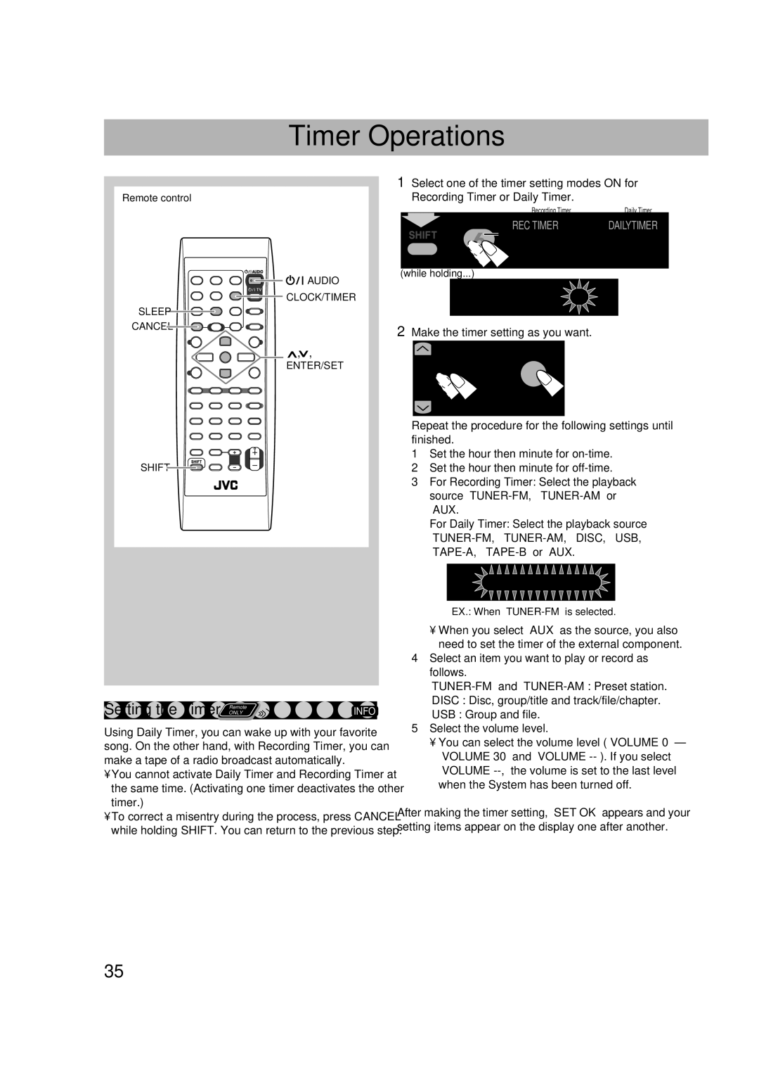 JVC CA-DXJ35 manual Timer Operations, Setting the Timer Remote Info, Make the timer setting as you want 