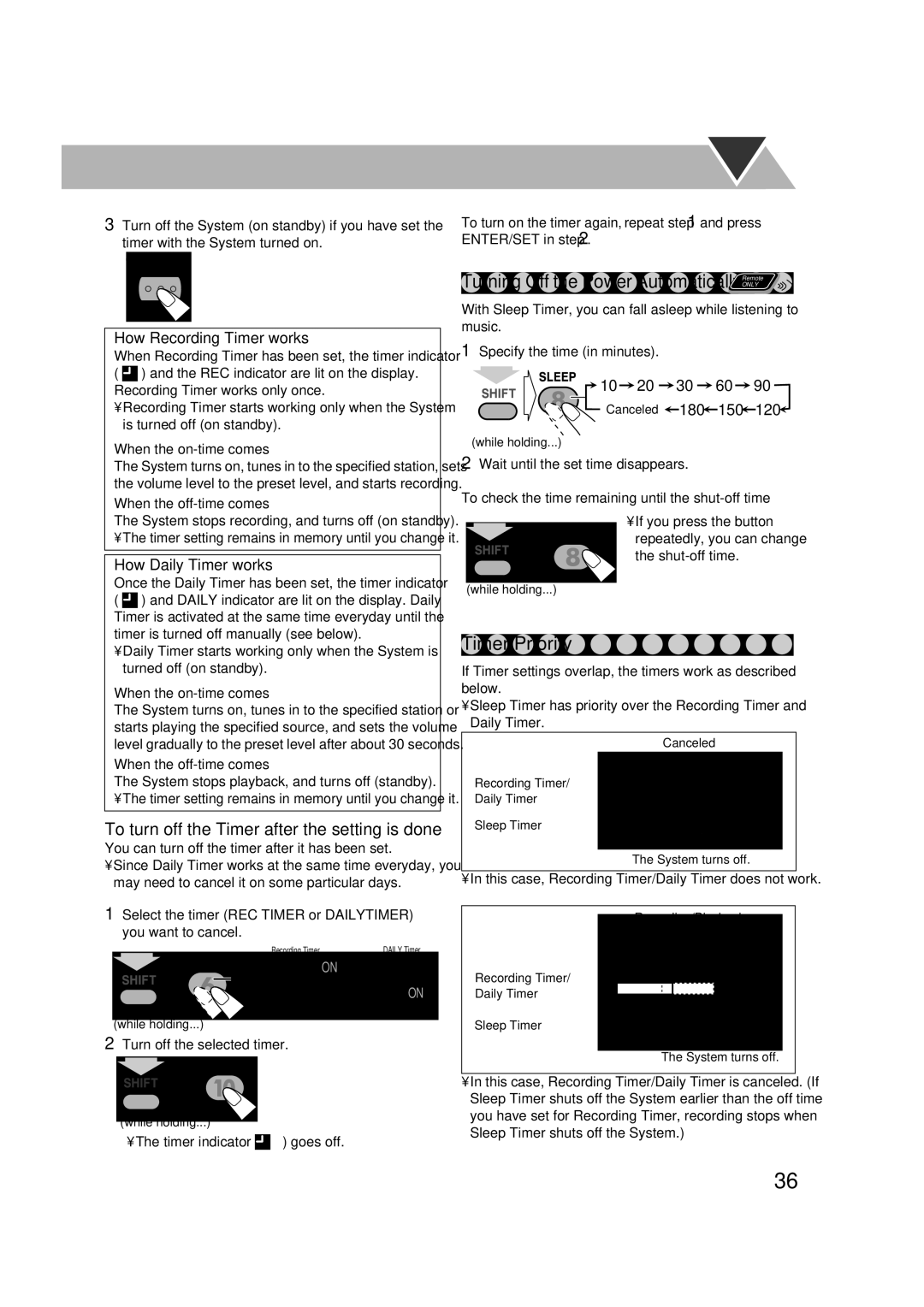 JVC CA-DXJ35 manual Turning Off the Power Automatically Remote, Timer Priority 