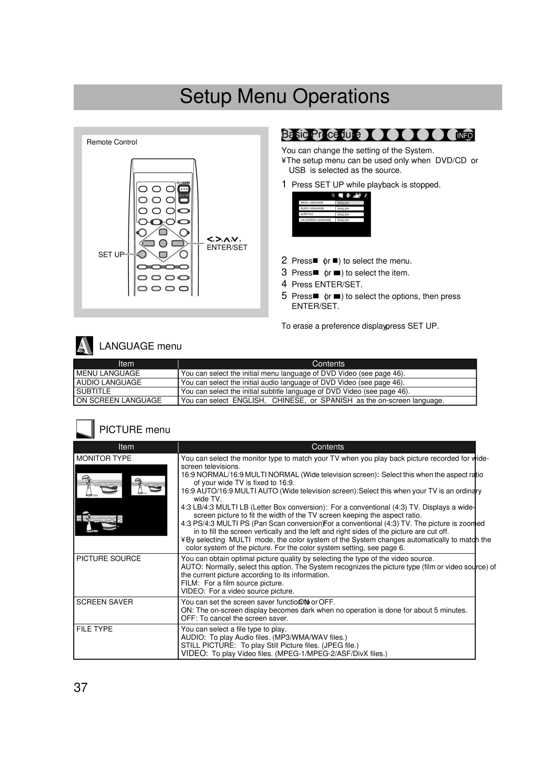 JVC CA-DXJ35 manual Setup Menu Operations, Language menu, Picture menu 