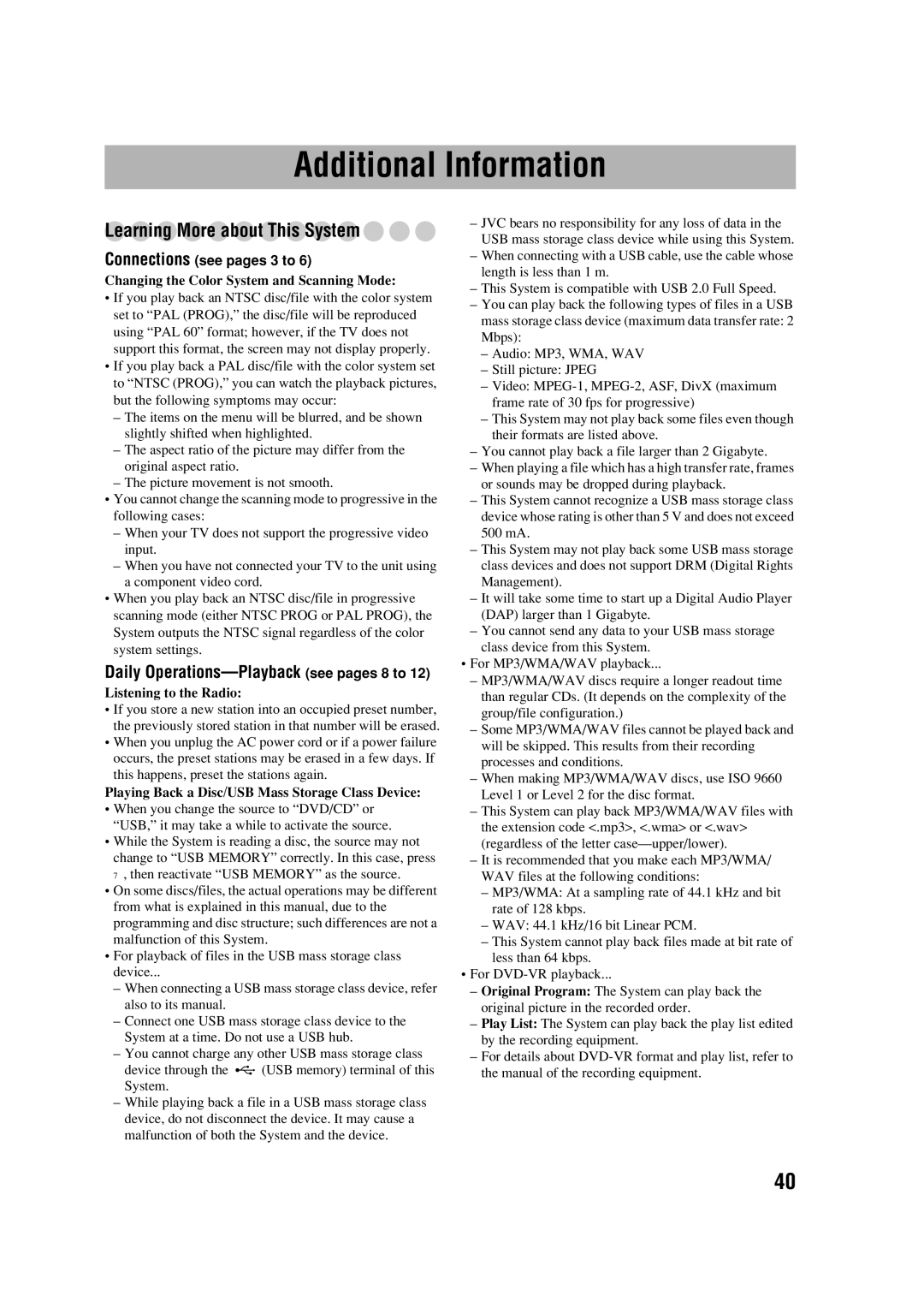 JVC CA-DXJ35 manual Additional Information, Learning More about This System, Daily Operations-Playback see pages 8 to 