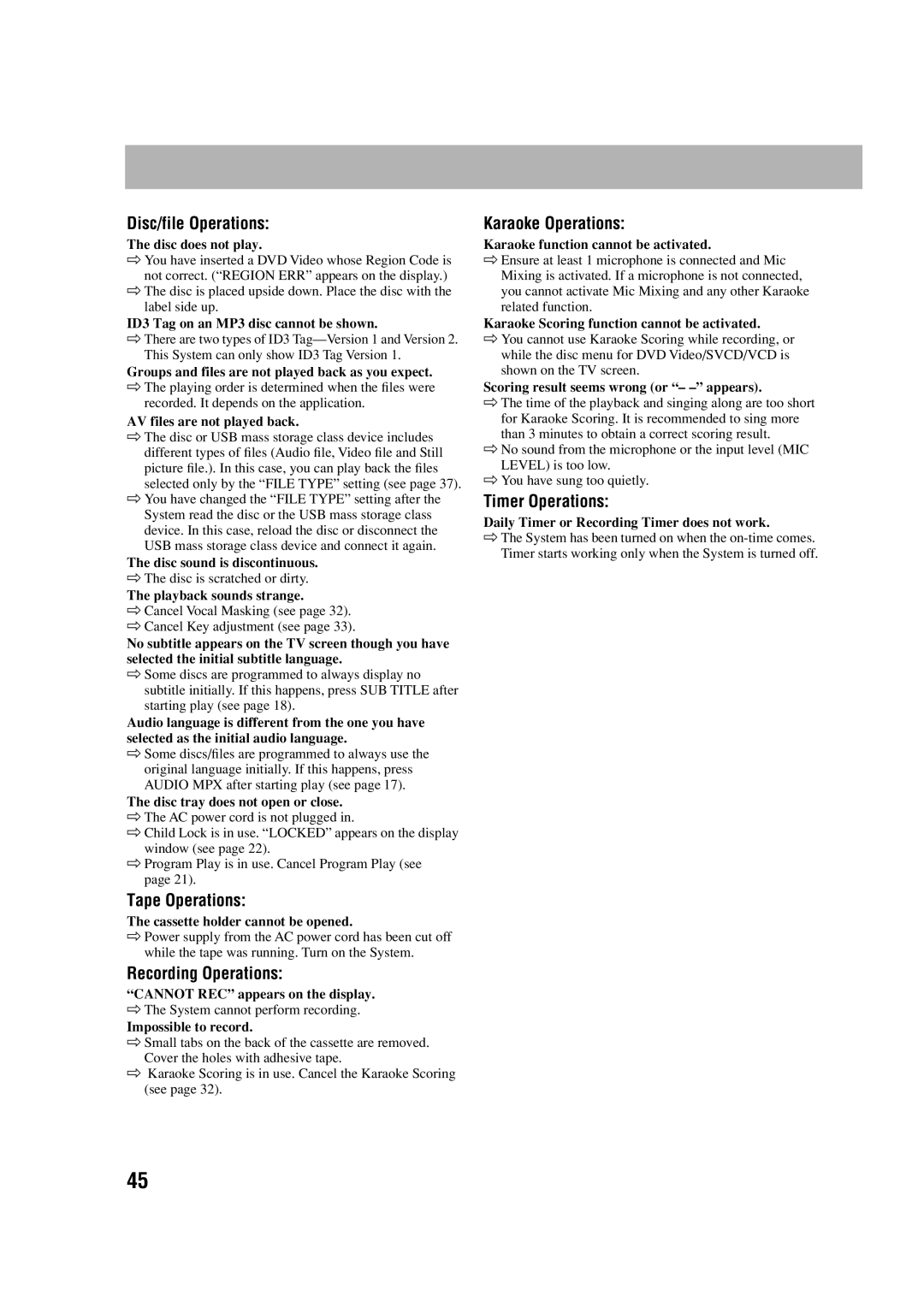 JVC CA-DXJ35 manual Disc/file Operations, Tape Operations, Recording Operations, Karaoke Operations, Timer Operations 